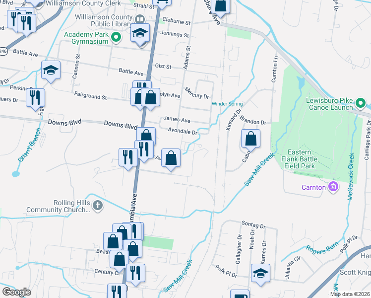 map of restaurants, bars, coffee shops, grocery stores, and more near 306 Avondale Drive in Franklin