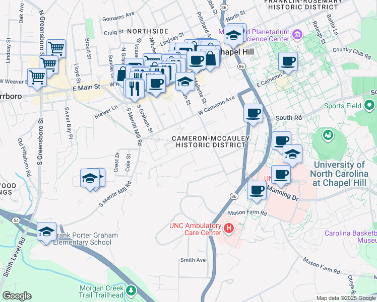 map of restaurants, bars, coffee shops, grocery stores, and more near 400 1/2 McCauley Street in Chapel Hill