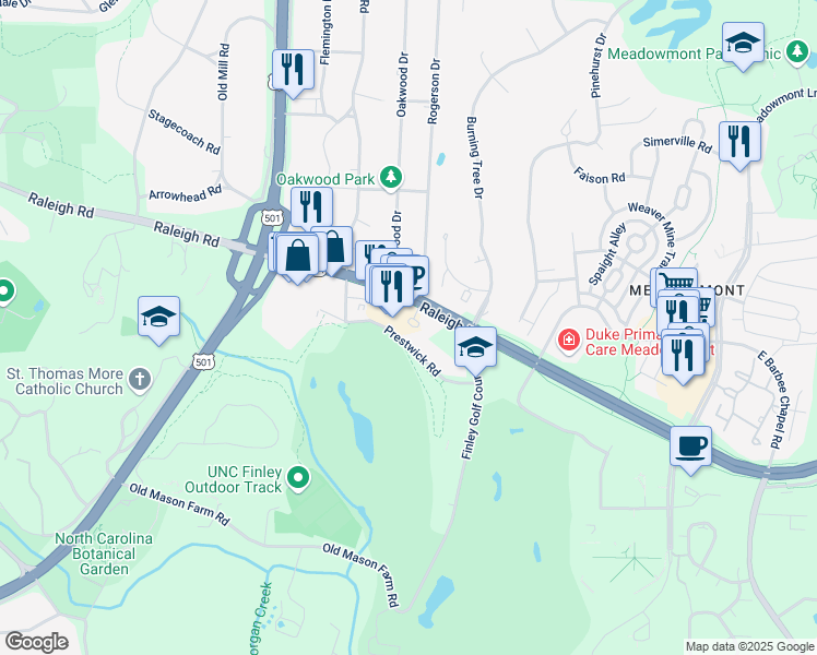 map of restaurants, bars, coffee shops, grocery stores, and more near 4000 Environ Way in Chapel Hill