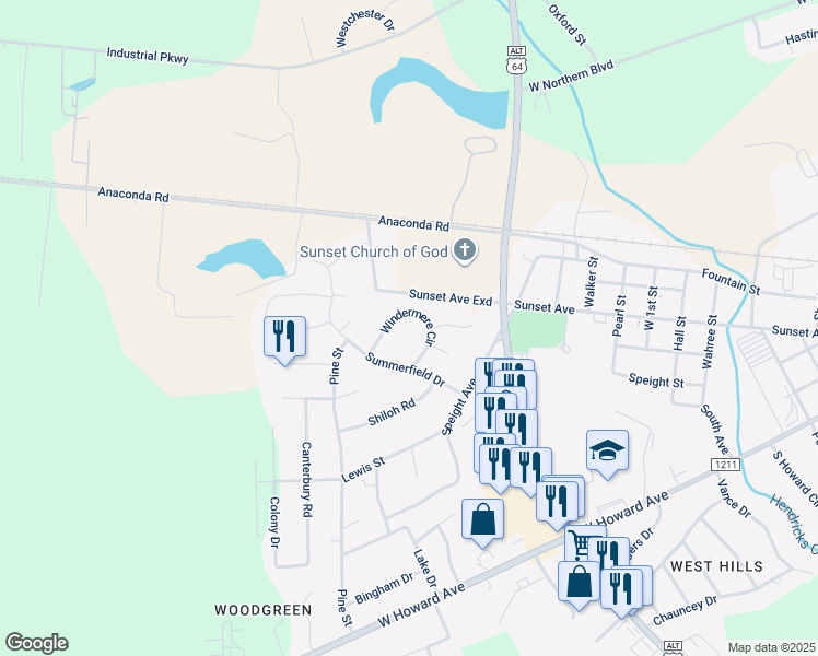 map of restaurants, bars, coffee shops, grocery stores, and more near 300 Windermere Circle in Tarboro