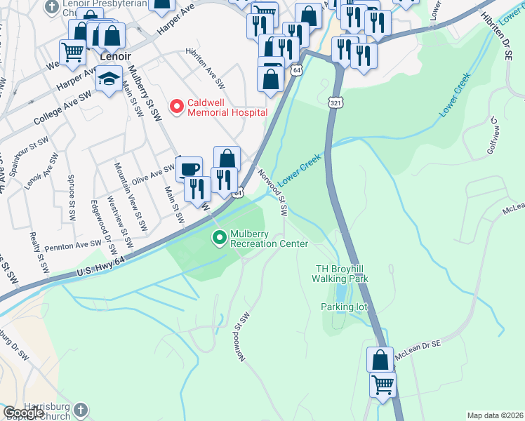 map of restaurants, bars, coffee shops, grocery stores, and more near 701 Mulberry Street Southwest in Lenoir