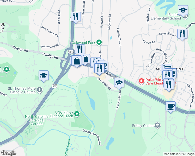 map of restaurants, bars, coffee shops, grocery stores, and more near Prestwick Road in Chapel Hill