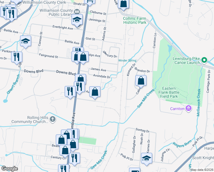 map of restaurants, bars, coffee shops, grocery stores, and more near 306 Avondale Drive in Franklin
