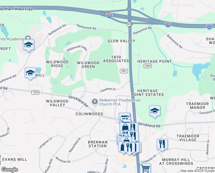 map of restaurants, bars, coffee shops, grocery stores, and more near 8809 Old Tom Way in Raleigh