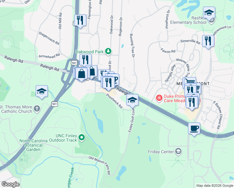map of restaurants, bars, coffee shops, grocery stores, and more near 3509 Environ Way in Chapel Hill
