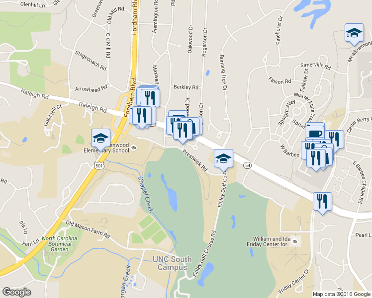 map of restaurants, bars, coffee shops, grocery stores, and more near 3509 Environ Way in Chapel Hill