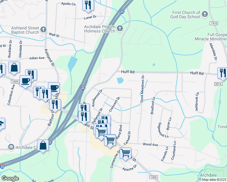 map of restaurants, bars, coffee shops, grocery stores, and more near 4028 Knollwood Drive in Archdale