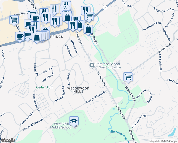 map of restaurants, bars, coffee shops, grocery stores, and more near 263 South Peters Road in Knoxville
