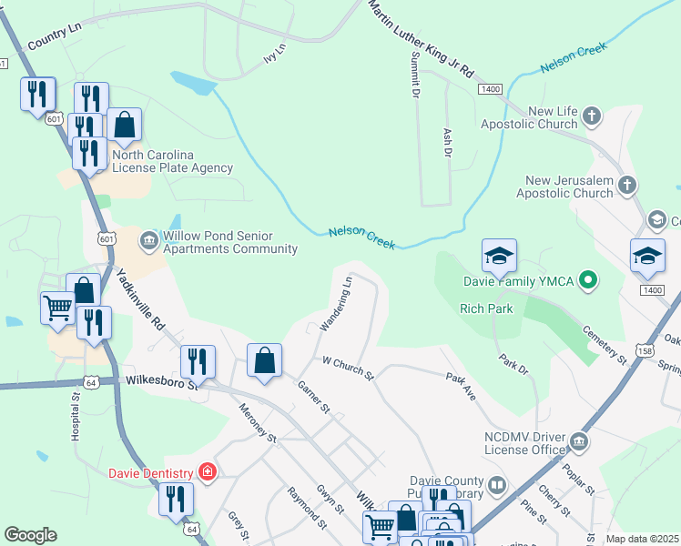 map of restaurants, bars, coffee shops, grocery stores, and more near 196 Wandering Lane in Mocksville