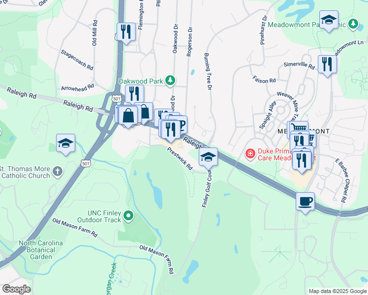 map of restaurants, bars, coffee shops, grocery stores, and more near 5105 Environ Way in Chapel Hill