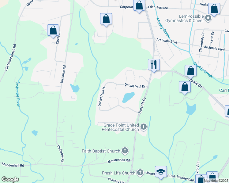 map of restaurants, bars, coffee shops, grocery stores, and more near 107 Kingsfield Court in Archdale