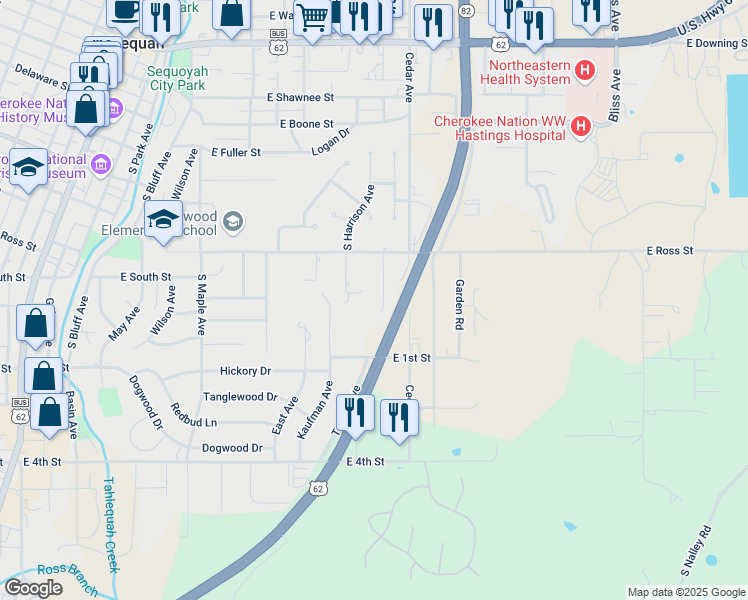 map of restaurants, bars, coffee shops, grocery stores, and more near 508 South Cedar Place in Tahlequah