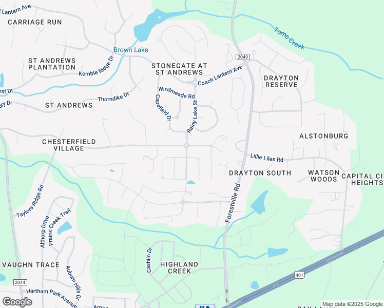 map of restaurants, bars, coffee shops, grocery stores, and more near 3605 Fairstone Road in Wake Forest