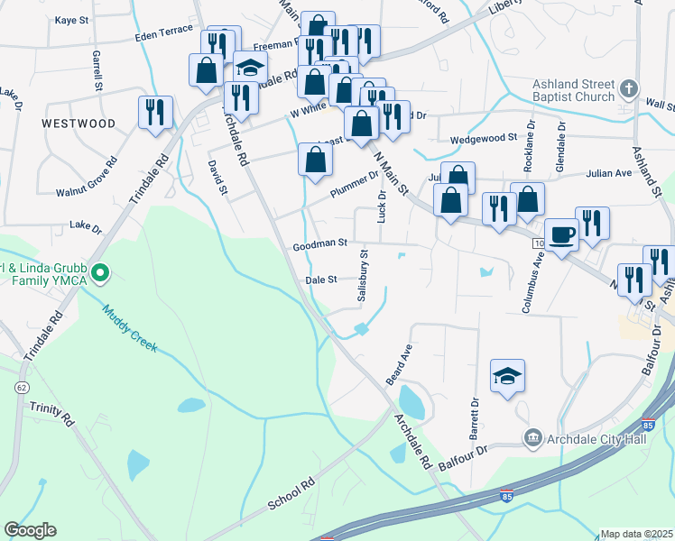 map of restaurants, bars, coffee shops, grocery stores, and more near 512 Dale Street in Archdale