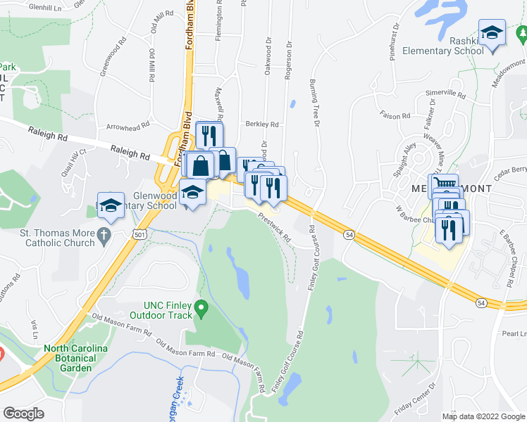 map of restaurants, bars, coffee shops, grocery stores, and more near 3510 Environ Way in Chapel Hill