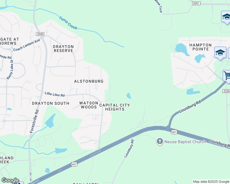 map of restaurants, bars, coffee shops, grocery stores, and more near 4528 Capital Heights Road in Wake Forest