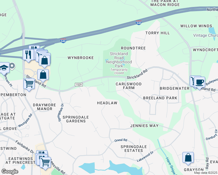 map of restaurants, bars, coffee shops, grocery stores, and more near 12813 Strickland Road in Raleigh