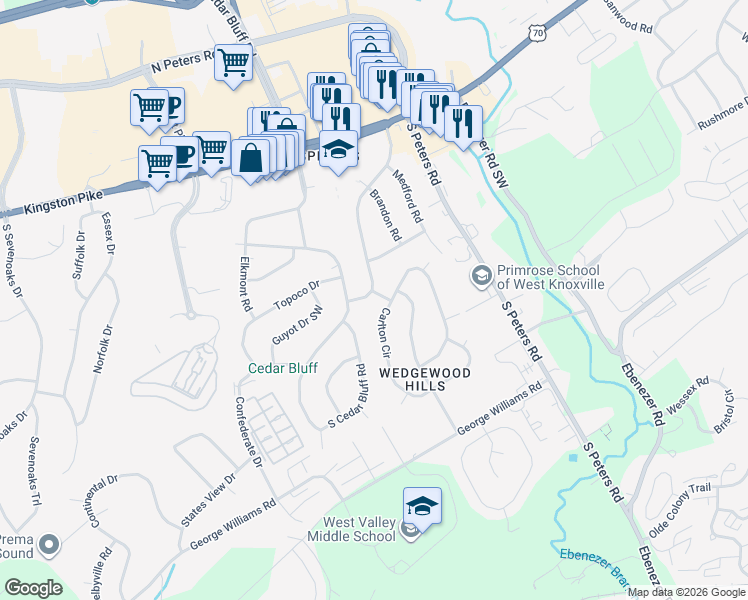map of restaurants, bars, coffee shops, grocery stores, and more near 9029 Carlton Circle in Knoxville