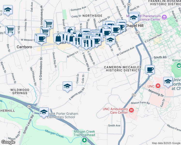 map of restaurants, bars, coffee shops, grocery stores, and more near 407 South Merritt Mill Road in Chapel Hill