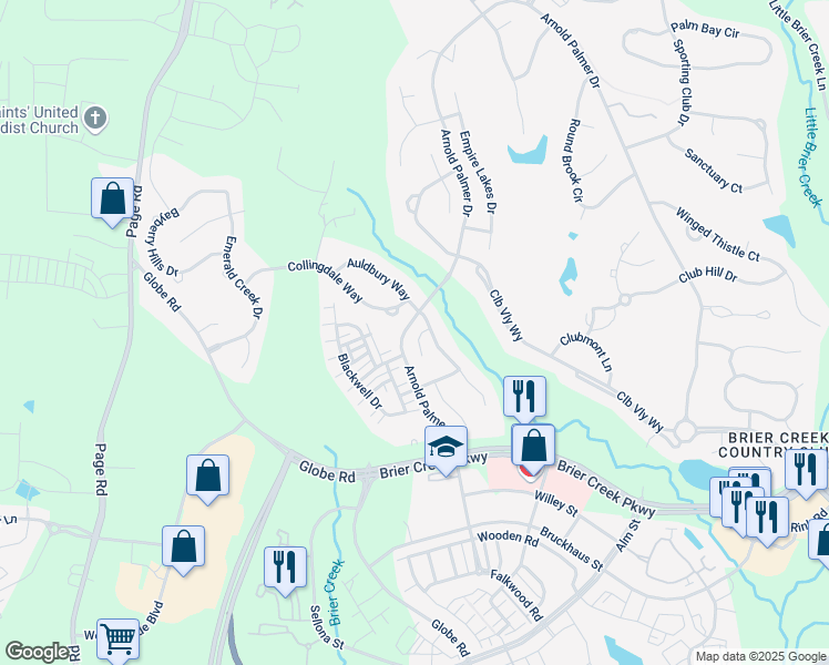 map of restaurants, bars, coffee shops, grocery stores, and more near 9410 Foxgrove Court in Raleigh