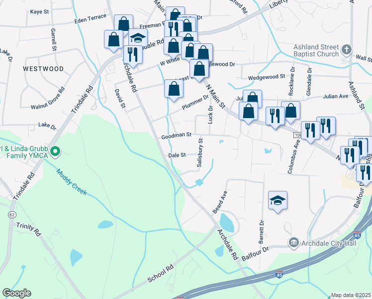 map of restaurants, bars, coffee shops, grocery stores, and more near 512 Dale Street in Archdale