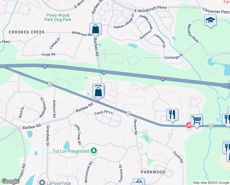 map of restaurants, bars, coffee shops, grocery stores, and more near 1021 Mirbeck Lane in Durham
