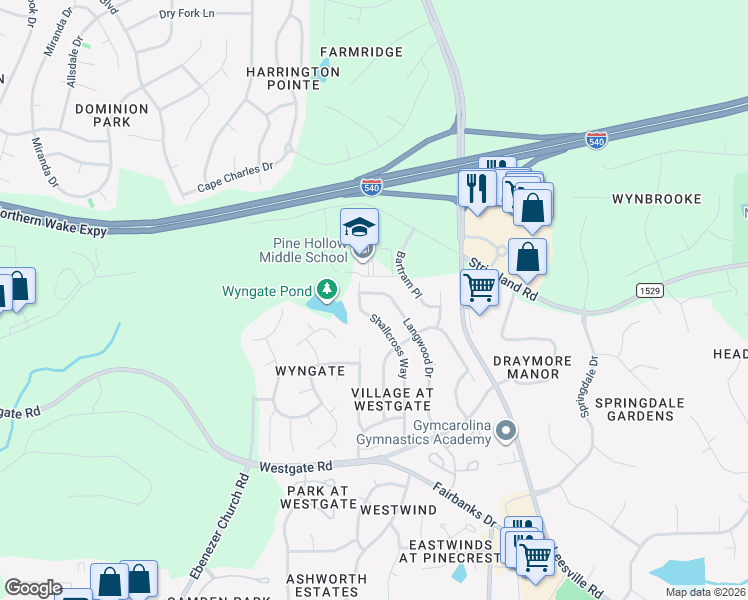 map of restaurants, bars, coffee shops, grocery stores, and more near 9344 Langwood Drive in Raleigh