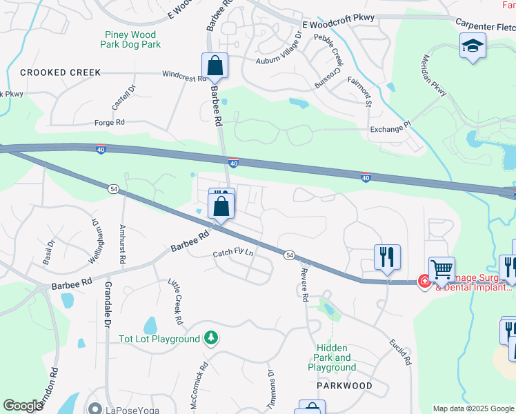 map of restaurants, bars, coffee shops, grocery stores, and more near 1021 Mirbeck Lane in Durham
