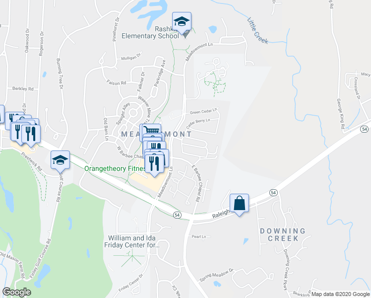 map of restaurants, bars, coffee shops, grocery stores, and more near 700 Cedar Club Circle in Chapel Hill