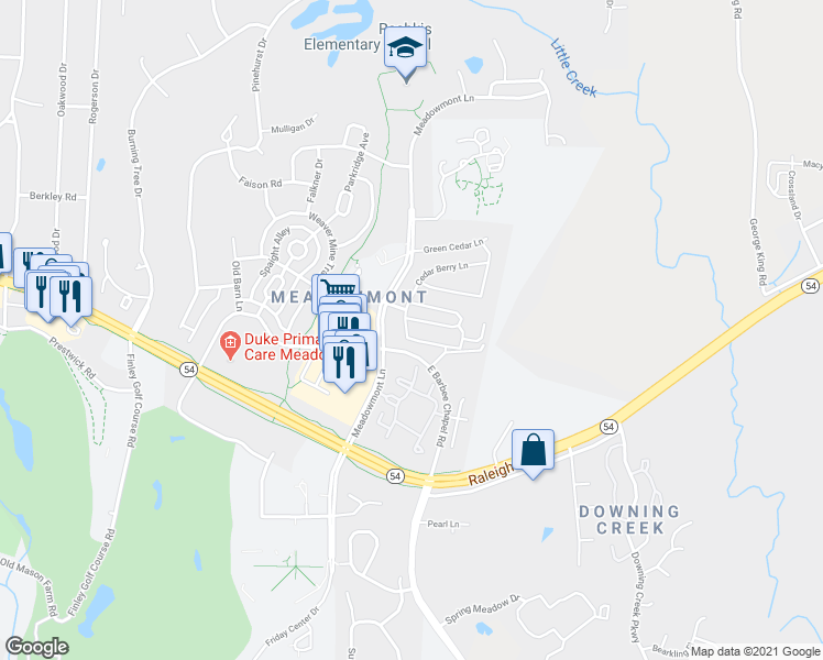 map of restaurants, bars, coffee shops, grocery stores, and more near 700 Cedar Club Circle in Chapel Hill