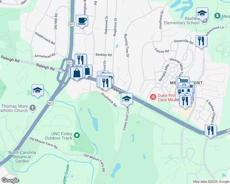 map of restaurants, bars, coffee shops, grocery stores, and more near 505 Oak Tree Drive in Chapel Hill
