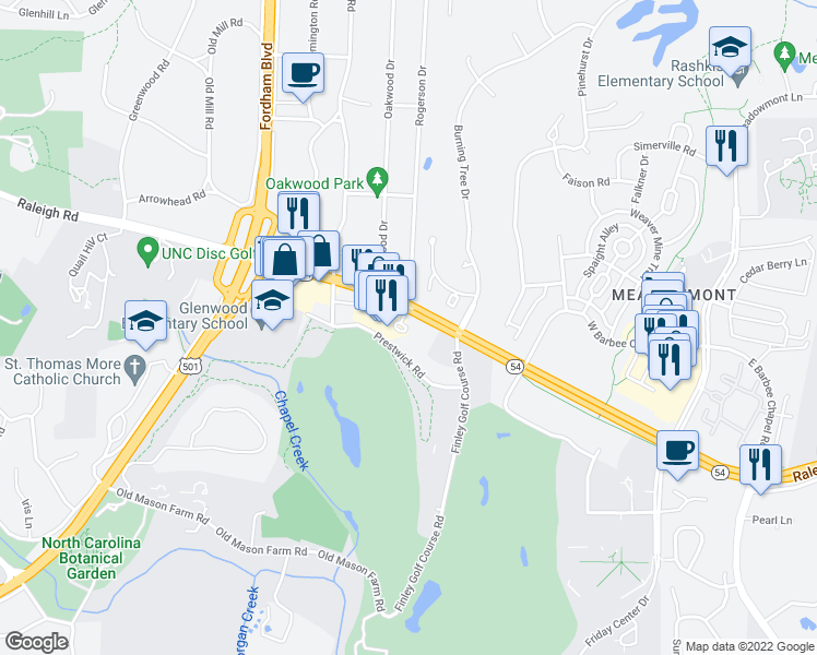 map of restaurants, bars, coffee shops, grocery stores, and more near 3509 Environ Way in Chapel Hill