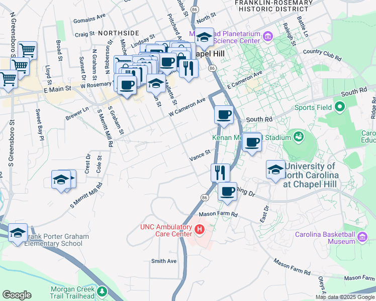 map of restaurants, bars, coffee shops, grocery stores, and more near in Chapel Hill
