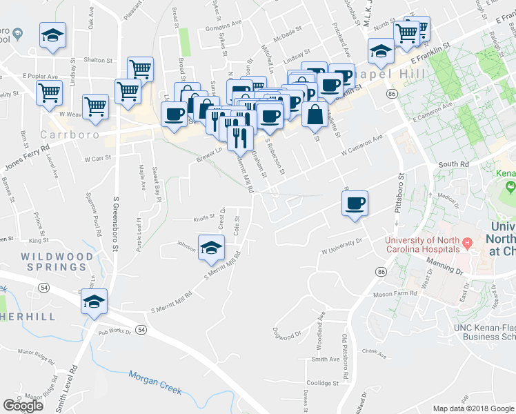 map of restaurants, bars, coffee shops, grocery stores, and more near 607 West Cameron Avenue in Chapel Hill