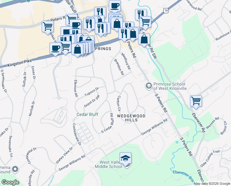 map of restaurants, bars, coffee shops, grocery stores, and more near 9029 Carlton Circle in Knoxville