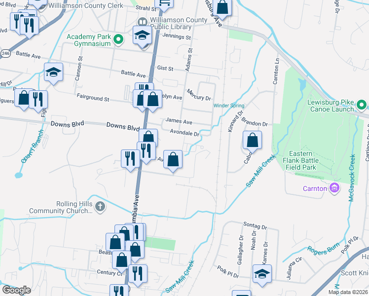 map of restaurants, bars, coffee shops, grocery stores, and more near 306 Avondale Drive in Franklin