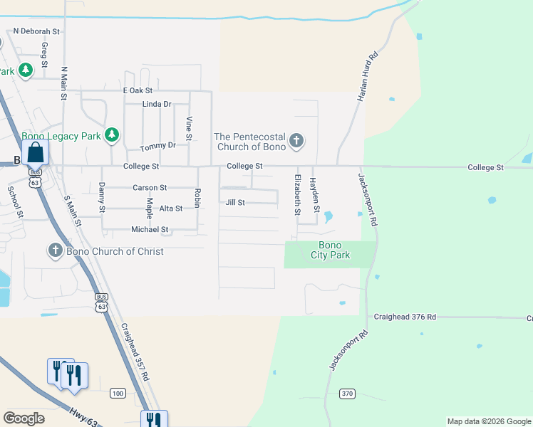 map of restaurants, bars, coffee shops, grocery stores, and more near 701 Jill Street in Bono