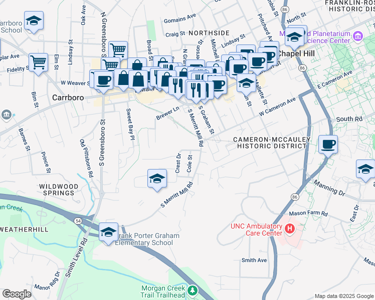 map of restaurants, bars, coffee shops, grocery stores, and more near 208 Crest Drive in Chapel Hill