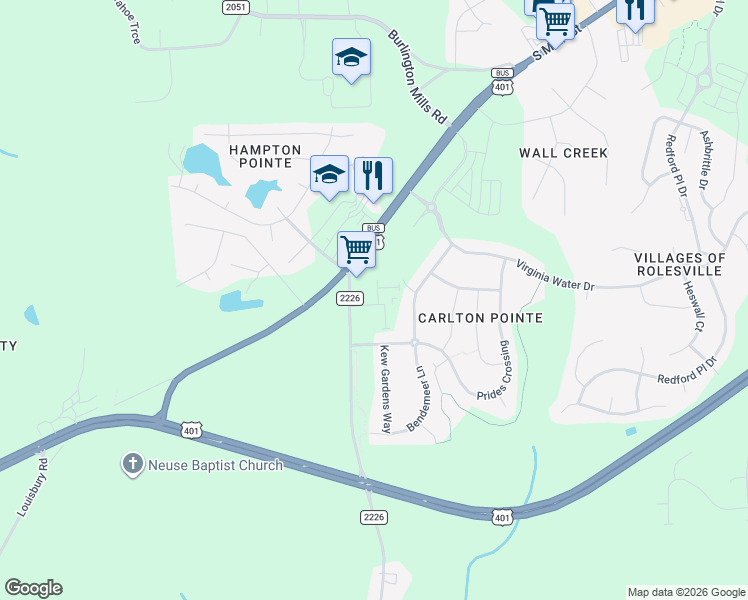 map of restaurants, bars, coffee shops, grocery stores, and more near 4521 Vineyard Pine Lane in Wake Forest