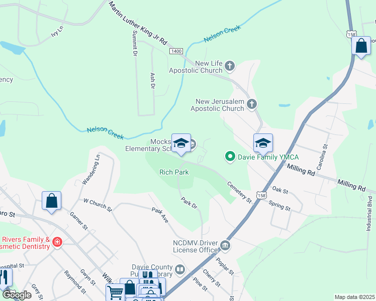 map of restaurants, bars, coffee shops, grocery stores, and more near 295 Cemetery Street in Mocksville