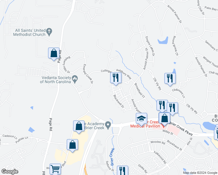 map of restaurants, bars, coffee shops, grocery stores, and more near 9915 Wasser Court in Raleigh