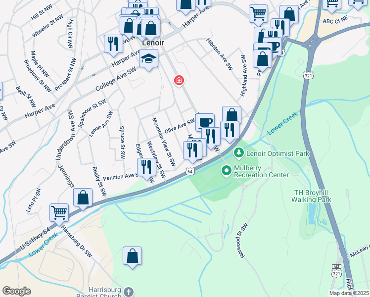 map of restaurants, bars, coffee shops, grocery stores, and more near 521 Main Street Southwest in Lenoir