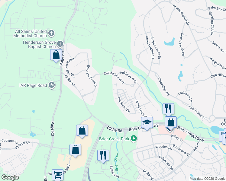 map of restaurants, bars, coffee shops, grocery stores, and more near 9913 Jerome Court in Raleigh