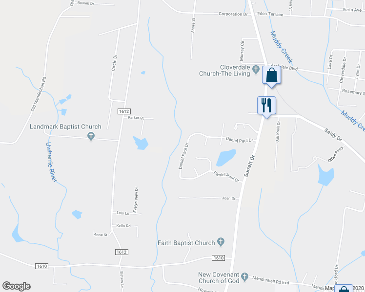 map of restaurants, bars, coffee shops, grocery stores, and more near 331 Daniel Paul Drive in Archdale