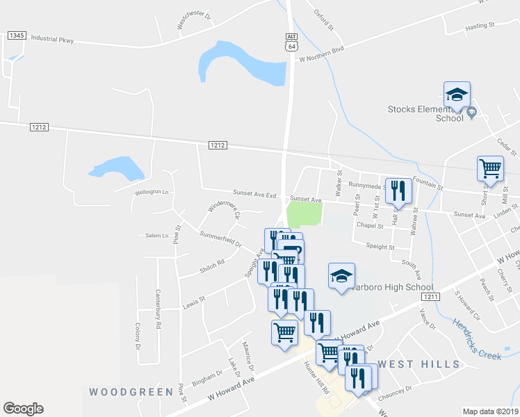 map of restaurants, bars, coffee shops, grocery stores, and more near 1806 Autumn Lane in Tarboro