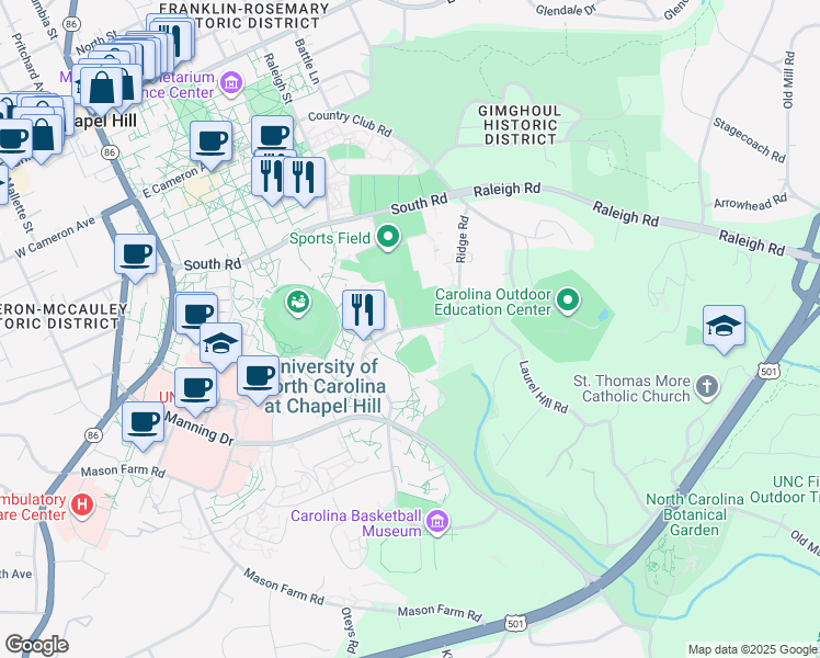 map of restaurants, bars, coffee shops, grocery stores, and more near 109 Stadium Dr in Chapel Hill