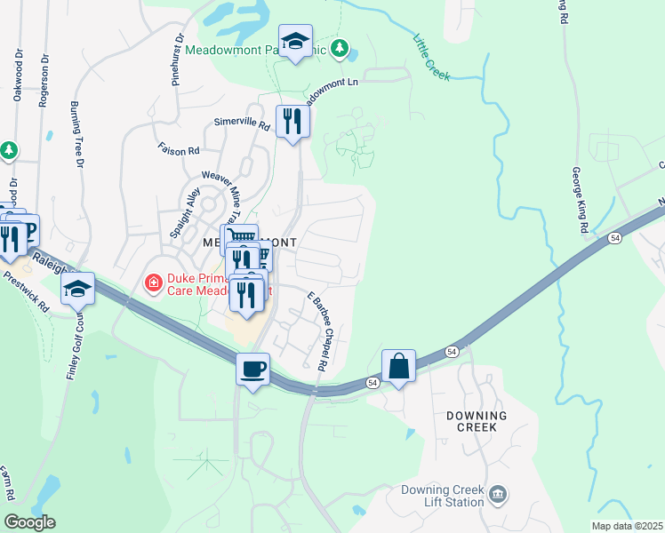 map of restaurants, bars, coffee shops, grocery stores, and more near 327 Cedar Club Circle in Chapel Hill