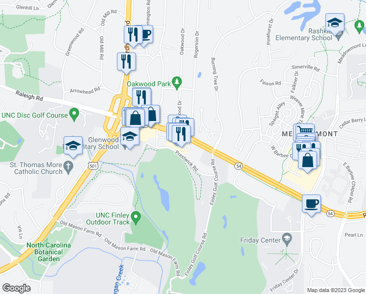 map of restaurants, bars, coffee shops, grocery stores, and more near 4404 Environ Way in Chapel Hill