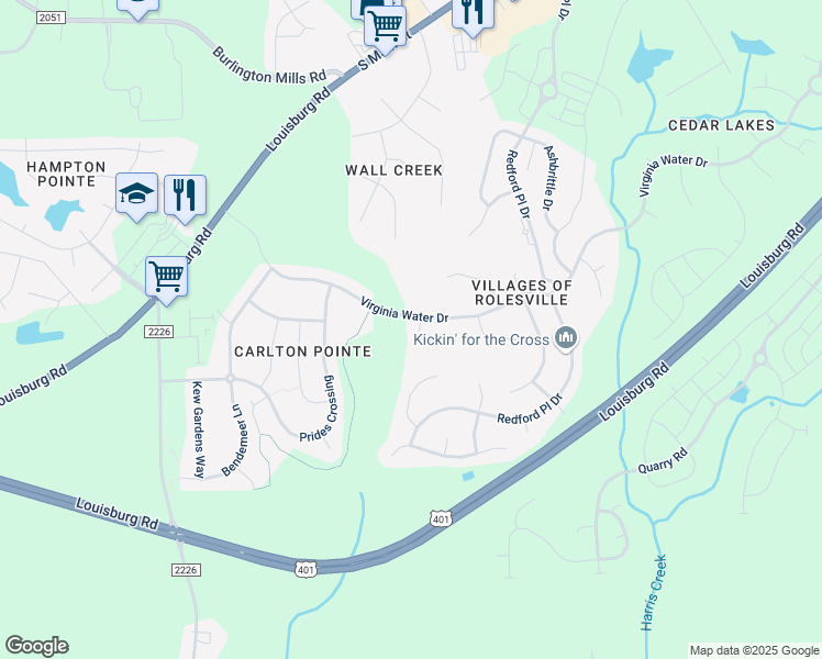 map of restaurants, bars, coffee shops, grocery stores, and more near 302 Virginia Water Drive in Rolesville