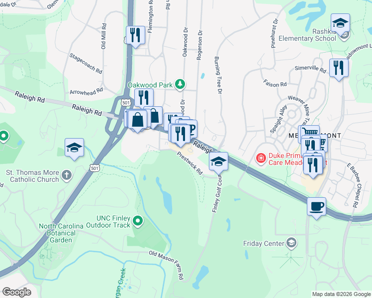 map of restaurants, bars, coffee shops, grocery stores, and more near 3509 Environ Way in Chapel Hill